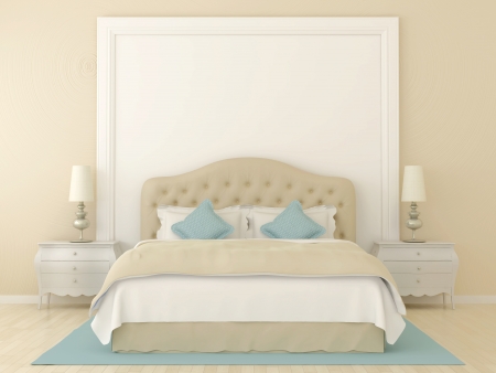 Bedroom in soft beige colors with blue decoration Bedroom in soft beige colors with blue decoration