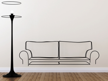 Stylized black outline of a sofa and a floor lamp against a white wallの写真素材