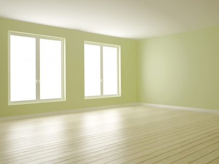 Empty room with green walls and white windows の写真素材