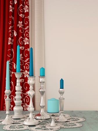 Holiday composition consisting of blue candles and bright curtains of redの写真素材