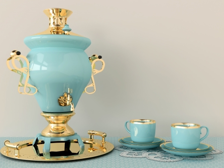 Beautiful samovar with gold and two coffee cupsの写真素材