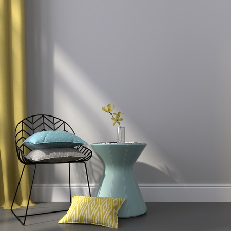 Metal chair with colorful pillows and the table covered with blue skinの写真素材