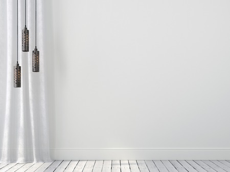 Stylish bronze hanging lamps against a white wall and laced curtainsの写真素材