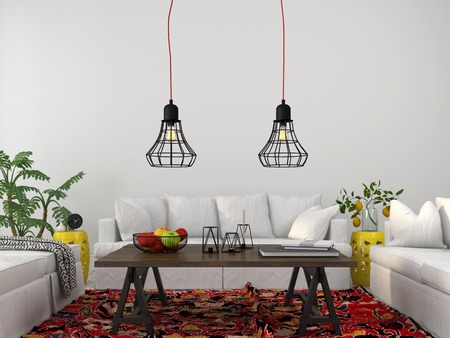 Modern living room with white furniture, wooden table and fashionable chandeliersの写真素材
