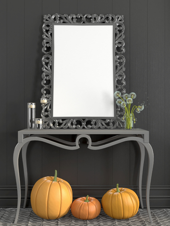 The interior in shades of gray with a beautiful frame on the table and fall decor of pumpkinsの写真素材