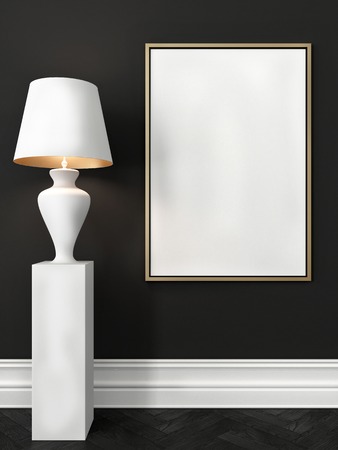 Mock up poster in a dark gray interior with a white baseboard and a white floor lampの写真素材