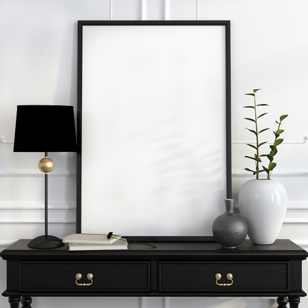 Mock up poster on the black desk with a black lamp, white vase and gold decorationの写真素材