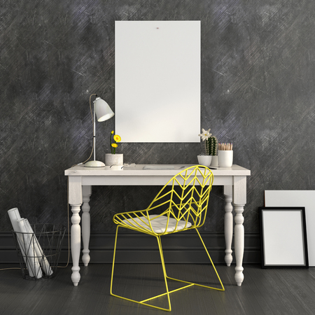 Stylish workplace in white and gray colors with a bright yellow chair and a Mock up poster on the wallの写真素材