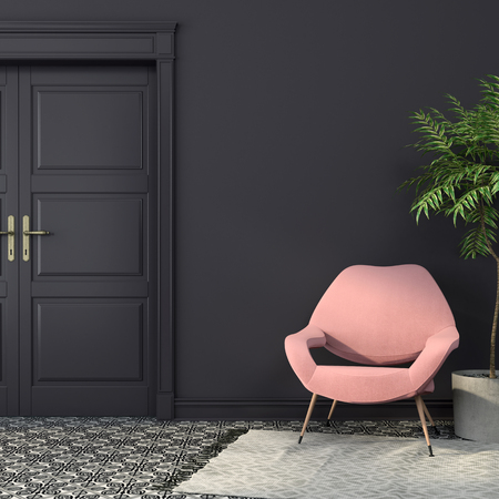 Stylish pink armchair in the interior with dark walls and a beautiful black-and-white tiles on the floorの写真素材