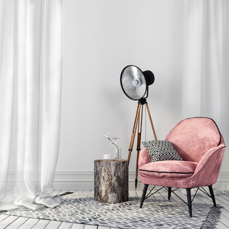 Air white interior with a stylish pink chair on metal legs and a vintage spotlightの写真素材