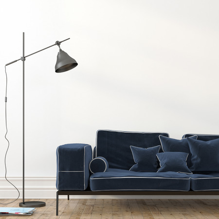 Minimalistic interior with a stylish blue velvet sofa and a modern black floor lampの写真素材