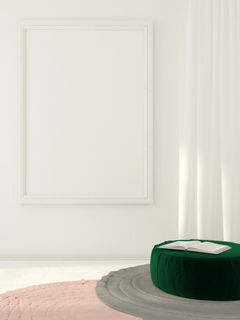 Mock up. 3D illustration composition with white frame on the wall and green poufの写真素材