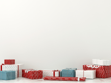 3D illustration. Celebratory interior with gifts near a white wallの写真素材