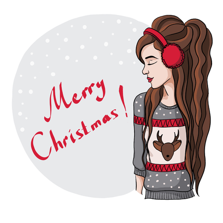 Christmas illustration of a girl in a warm sweater with a deer patternの写真素材