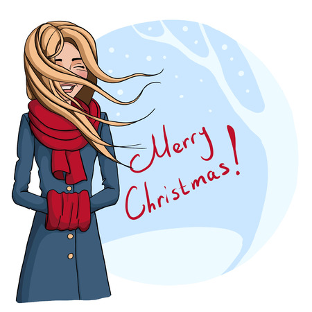 Christmas illustration of the laughing girl in a green coat with hair flying on the windの写真素材