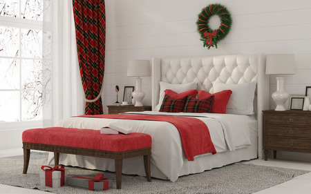 3D illustration. Christmas Interior of a white bedroom with red decorations and a Christmas wreath on the wallの写真素材