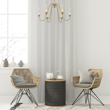 3D illustration. Stylish interior with two wicker chairs and a metal tableの写真素材