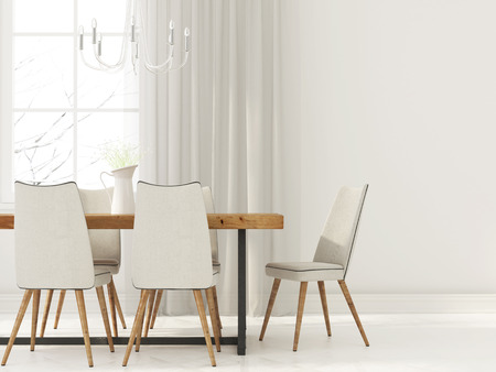 3D illustration. Interior  of dining room in white tones with wooden furniture and glass chandelierの写真素材