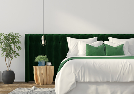 3D illustration. Trendy bedroom interior with green velvet back of the bed and wooden tableの写真素材