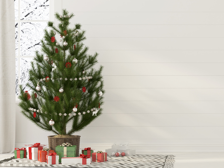 3D illustration. Christmas interior with a beautifully decorated Christmas tree by the window and presentsの写真素材