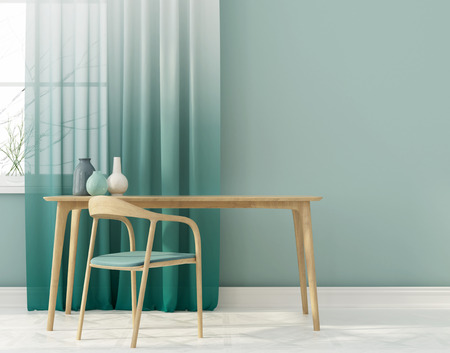 3D illustration. Interior of workplace with wooden furniture and blue-green wallsの写真素材