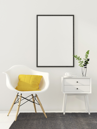 3D illustration. Mock up poster in white interior with modern chair and a yellow pillowの写真素材