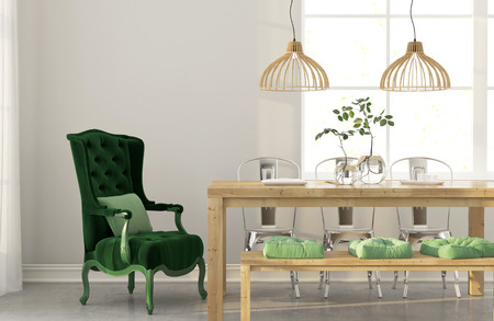 3D illustration. Stylish dining room with wooden furniture and a classic green armchairの写真素材