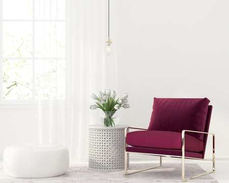 3D illustration. White interior with burgundy velvet armchairの写真素材