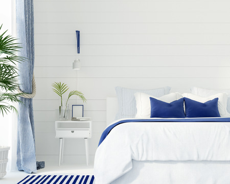 3D illustration. Interior of a modern bedroom in a marine styleの写真素材
