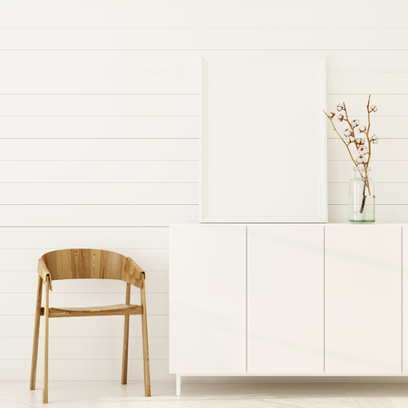 3D illustration. Mock up interior with wooden table and chest of drawersの写真素材