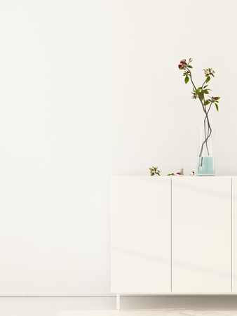 3D illustration. White interior with flowering branches in a vaseの写真素材