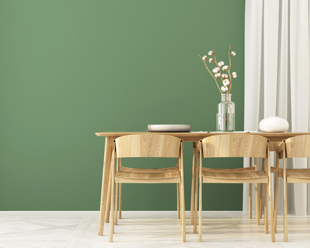 3D illustration. Interior of  Dining room with wooden furniture and green wallの写真素材