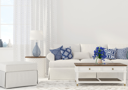3D illustration. Interior of the living room in white and blue colorの写真素材