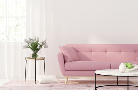 3D illustration. Interior of the living room with a pink sofaの写真素材
