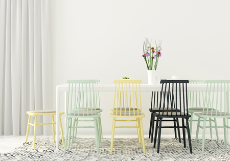 3D illustration. Modern interior of a dining room with multi-colored chairsの写真素材
