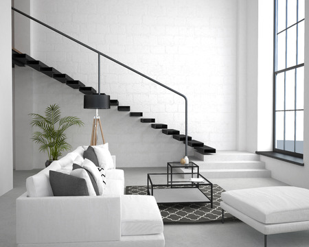 3D illustration. Interior of the apartment in loft style in light colorsの写真素材