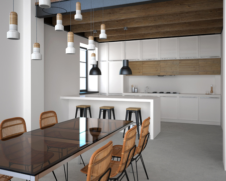 3D illustration. Kitchen interior in loft styleの写真素材