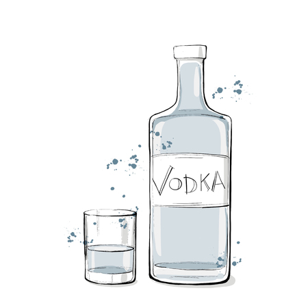 Digital illustration of an alcoholic drink. A bottle of vodka and a glassの写真素材