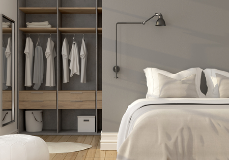3D illustration. Stylish interior of a gray bedroom with a dressing roomの写真素材