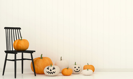 3D illustration. Autumn interior composition with a black chair near the wall and pumpkinsの写真素材