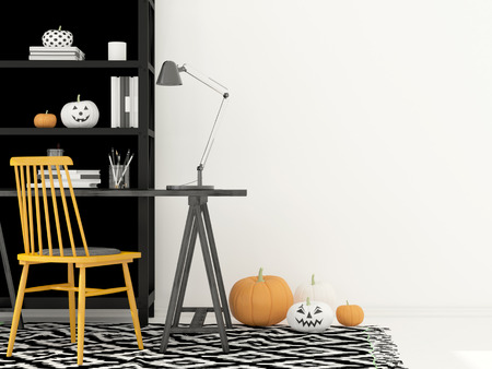 3D illustration. Interior of the cabinet with autumn decorations for Halloweenの写真素材