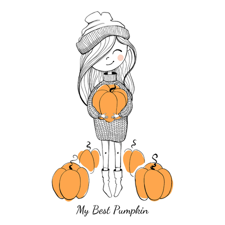 Girl in a sweater with pumpkinsのイラスト素材