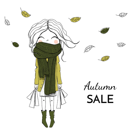 Vector illustration. Girl with purchases in a green coat and a big knitted scarfのイラスト素材