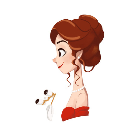 Digital illustration. Profile of a girl in a red dress and with theatrical binocularsの写真素材