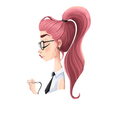 Digital illustration. Profile of a girl with pink hair and a tattoo machineの写真素材