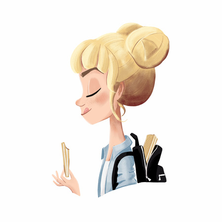 Digital illustration. Profile of a sweet-loving girl with a backpack and wafflesの写真素材