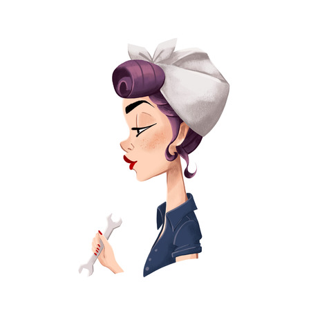 Digital illustration. Profile of a girl in a scarf and a wrench in her handの写真素材