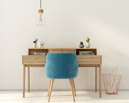 3D illustration. White interior  of the workplace with a pink chairの写真素材