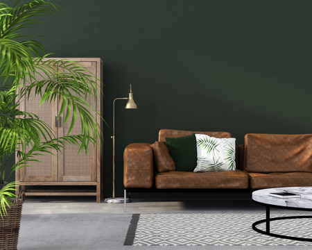 3D illustration. Interior of living room with brown leather sofa against a green wallの写真素材