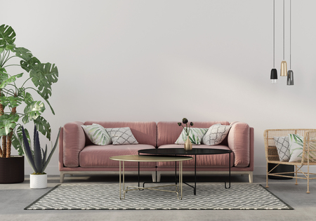 Stylish living room interior in pink with a concrete floor, velvet sofa, wicker chair, golden table, chandeliers and tropical plants / 3D illustration, 3d renderの写真素材